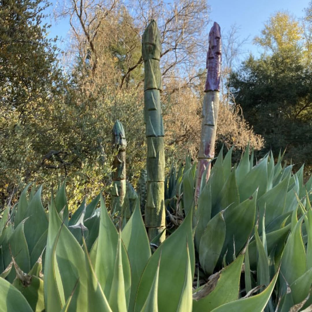 Three tall carved ceramic totem forms rising from a bed of agaves like flower stalks